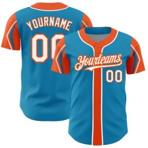 Custom Panther Blue White Orange 3 Colors Arm Shapes Authentic Baseball Jersey
