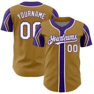 Custom Old Gold White Purple 3 Colors Arm Shapes Authentic Baseball Jersey