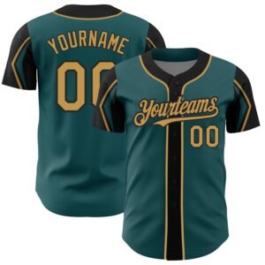 Custom Midnight Green Old Gold Black 3 Colors Arm Shapes Authentic Baseball Jersey