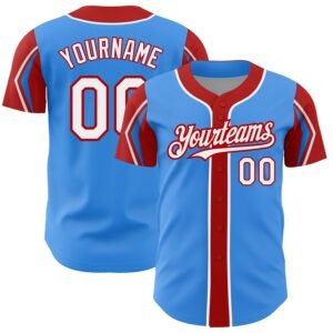 Custom Electric Blue White Red 3 Colors Arm Shapes Authentic Baseball Jersey