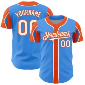 Custom Electric Blue White Orange 3 Colors Arm Shapes Authentic Baseball Jersey