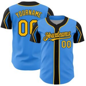 Custom Electric Blue Gold Black 3 Colors Arm Shapes Authentic Baseball Jersey