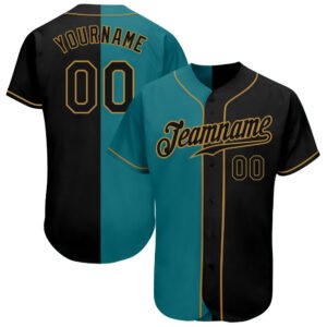 Custom Teal Black Old Gold Authentic Split Baseball Jersey