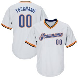 Custom White Blue Navy Orange Authentic Rib Knit Baseball Jersey Shirt