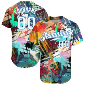 Custom Graffiti Colored Abstract Pattern White Light Blue 3D Authentic Baseball Jersey