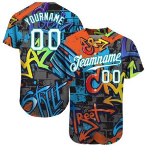 Custom Graffiti Geometric Pattern White Teal 3D Authentic Baseball Jersey