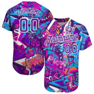 Custom Graffiti Words Pattern White Purple 3D Authentic Baseball Jersey