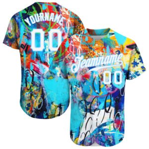 Custom Abstract Graffiti White Light Blue 3D Authentic Baseball Jersey
