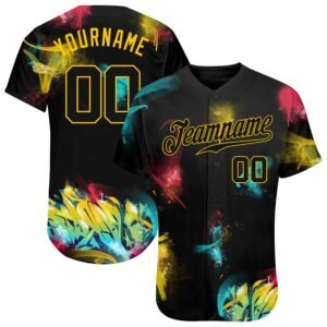 Custom Graffiti Pattern Black Gold 3D Authentic Baseball Jersey