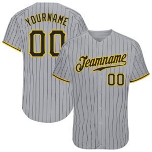 Custom Gray Black Pinstripe Black Gold Authentic Baseball Jersey