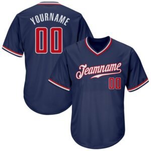 Custom Navy Red White Authentic Rib Knit Baseball Jersey Shirt