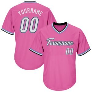 Custom Pink White Light Blue Authentic Rib Knit Baseball Jersey Shirt