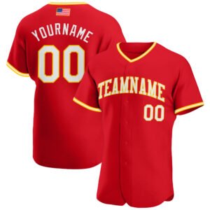 Custom Red White Gold Authentic American Flag Fashion Baseball Jersey