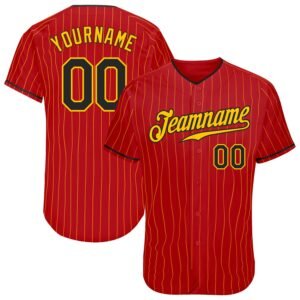 Custom Red Gold Pinstripe Black Gold Authentic Baseball Jersey
