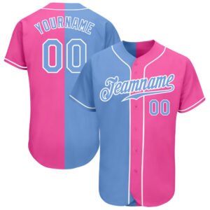 Custom Pink Light Blue White Authentic Split Baseball Jersey