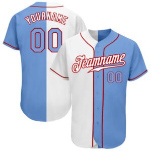 Custom White Light Blue Red Authentic Split Baseball Jersey