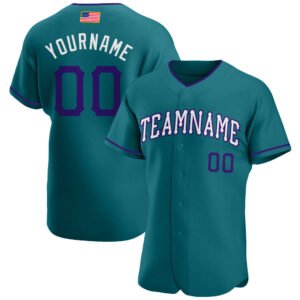 Custom Teal Purple White Authentic American Flag Fashion Baseball Jersey
