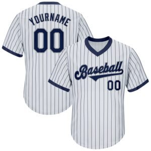 Custom White Navy Pinstripe Navy Gray Authentic Rib Knit Baseball Jersey Shirt