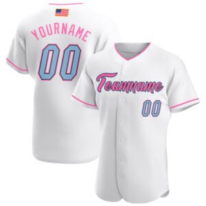 Custom White Light Blue Pink Authentic American Flag Fashion Baseball Jersey